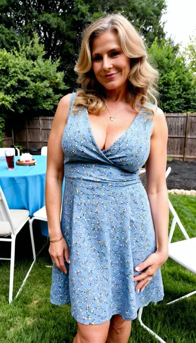 Dirty blonde wavy hair. Thick body mature woman. Wearing long light blue floral pattern dress. Sleeveless. Smiling. At backyard graduation party.