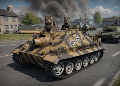 A thin tall tabby cat, Nazi female cat, sitting on a sturmtiger tank, carrying a pistol, (european shorthair, darkbrown fur, greeneyes, dark gray fur), traditional German nazi clothing high rank uniform, nazi clothing, iron cross first class, she is leading a group of heavy armed german soliers, in an country town, corpses lying around, burning tanks, cannons, soldiers, burning old houses, planes in the air, 4rt_0f_w4r, clothes, ktt, artstyle, <lora:ArtOfWar-xl1024-v1a-0__4rt_0f_w4r:2>, <lora:uniform:1.9>, <lora:Kitty LoRA - Trigger with KTT Artstyle:1.3>, <lora:sturmtigor-000007:1.7>