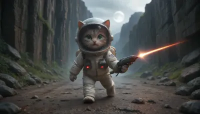 A Rocky grey Lunar landscape on the moon in space. A cat walking upright. A cute tabby female cat, (dark brown-grey fur, green eyes), in spacesuit holding a laser toy gun hunting green bugeyed aliens. An Ufo in the background., ktt, artstyle, wandathecat, <lora:Kitty LoRA - Trigger with KTT Artstyle:1.5>, <lora:wandathecat:1>
