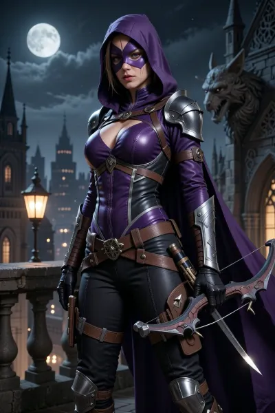 A young woman inspired by Huntress, specifically Helena Wayne, reimagined as a realistic high-fantasy D&D heroine. She is athletic, elegant, sharp-eyed, and intensely focused, with the presence of a noble vigilante shaped by discipline, stealth, grief, and relentless training. She should feel like the offspring of a dark knight and a master thief, intelligent, acrobatic, dangerous, and precise. Her expression is calm, stern, and watchful, with controlled intensity rather than rage.

Her design should clearly evoke Huntress, but translated into believable fantasy adventuring gear instead of a superhero costume. She wears a practical outfit in deep purple, black, charcoal, and dark leather, with fitted reinforced cloth, light leather armor, flexible armored panels, bracers, shoulder guards, and a hooded half-cloak or mantle suited for rooftop movement, and urban vigilantism. The armor is modest, protective, and functional, not a leotard, not spandex, and not sexualized. Her lower half is fully practical, with fitted trousers, reinforced boots, knee guards, and layered belts and straps for gear.

She should wear a subtle domino mask, half-mask, or shadowed hood that preserves the classic Huntress identity in a grounded fantasy way. Her most important weapon is a finely crafted hand crossbow or compact hunting crossbow, elegant but deadly, clearly the focal point of the design. She carries bolts for trick shots, barbed bolts, rope bolts, blunt impact bolts, and hooked bolts, along with daggers, lockpicks, and climbing tools. Her gear should reflect both Wayne-like tactical training and Catwoman-like agility and infiltration.

She should feel like a Battle Master Fighter / Thief Rogue, a rooftop hunter, crossbow specialist, acrobat, investigator, and stealthy urban protector. Add small details like worn gloves, utility pouches, subtle noble craftsmanship in the gear, and a dark purple cape moving in the wind.

Place her on a gothic fantasy rooftop, cathedral ledge, or stone gargoyle above a misty medieval city at night. Lantern light glows below, the moon or night sky behind her, and she is either aiming her crossbow or standing poised with it in hand, scanning the streets for danger. Realistic fantasy art, cinematic lighting, ultra-detailed textures, grounded realism, dark heroic mood, beautiful but formidable, precise, stealthy, and noble.