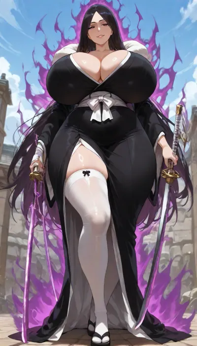 maximum details, high quality, high resolution, (Retsu Unohana from bleach:1.5), gigantic massive breast, huge massive areoles, wide hips, huge butt, huge thighs, thighs bigger when waist, bbm, kimono, white stockings, black sandals, (gigantic katana:1.4), (dark bleack aura, aura katana:1.4), blue sky, white clouds, seductive grin to viewer, fiery, dark, aura, supersaiyanaura, <lora:Fiery_aura_XL_-_Burning_passion:1.1>, <lora:Dark_Aura_XL_-_Filled_with_miasma:1.2>, <lora:supersaiyanauraXL3:1.1>, <lora:detailed_notrigger:1.5>
