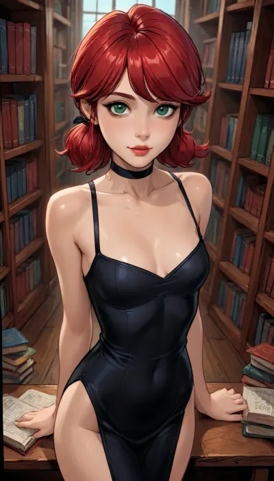 Reiq art style.
Library, 1woman, slender, wide angle, view from above, natural skin, looking at viewer, red hair, hands behind her back, dark green eyes, (veey small breasts, cleavage), wearing a black emo Gothic dress, (marinette), (ultra, HD, quality, details), ratatatat74, lineart, line, art, flat, colors, color, comic, book, <lora:LCMTurboMix_Euler_A_fix:.5>, <lora:ratatatat74-000050:.5>, <lora:lineartSDXL:2>, <lora:EldritchComicsXL1.2:1.5>