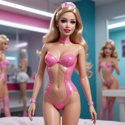 barbie doll, open smile, doll joints, plastic reflections, full body portrait, slutty, plateau special heels, (((big lips))), plastic skin, thin pvc transparent microleotard, sexy nurse
