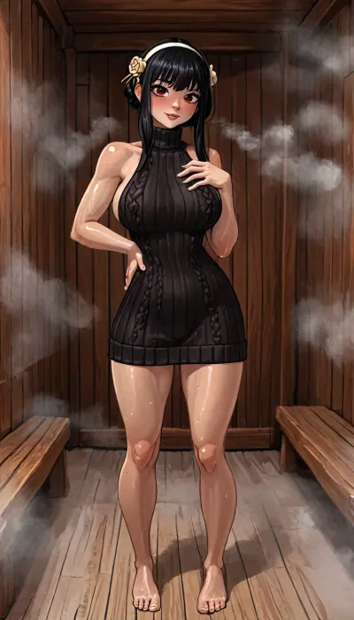 (innv meets jack cayless style), reiq style, masterpiece, cel-shaded, limited color palette, ((Beautiful Muscles Sexy Yor Forger from Spy x Family anime body:1.3)), 1girl, solo, alone, 21 year old woman, (gorgeous, seductive face, ads, perfect breast, perfect muscles, perfect legs, feet, wide hips, big perfect hard ass, sweaty body), (Virgin Killing Sweaters dress outfit), (camel toe), (front facing standing doing a in playful Action posing), (sauna, steam, hotel), ultraviolet light, LoL, Style, action, yor_briar, red_eyes, black_hair, white_hairband, hair_flower, bangs, hair_between_eyes, short_hair_with_long_locks, <lora:LCMTurboMix_Euler_A_fix:1.5>, <lora:EnvyCuteXL01v12:1.4>, <lora:EnvyAnimeDigitalPaintingXL01:1.3>, <lora:Manga_Action_Shot:1>, <lora:yueerfujiex_xl:.8>