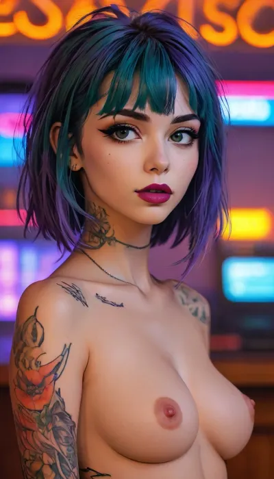 score_9, score_8_up, score_7_up, source_anime, close up portrait, Masterpiece, 1woman, 35 years old, tall, (neon lights), (motel room), beautiful, Side View, Profile View, purple hair, Long Pixie cut hair, brown eyes, big perky breasts, (tattoos), (purple lipstick:1.1), cyberpunk style, solo, perfecr perky breasts, (A detailed anime drawing with clean lines and meticulous shading, flat colors, line art, no gradients, blue and green palette), realistic anatomy, Moebius, detailed face, (Jean, Giraud), page, lineart, <lora:Moebius (Jean Giraud) Style:1>, <lora:outline_xl_kohaku_delta_spv5x:1>, <lora:lineartSDXL:1>, <lora:MJ52:.8>, Andava, Andavaverse, realistic drawing, ((markgavatino style)), Melkor mancin style, masterpiece, simple background, <lora:mk_Bp Anime_xl:.1>