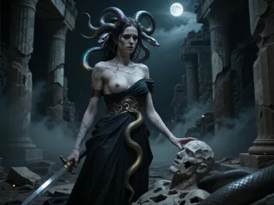 Medusa Gorgon, ancient cursed woman of immense power and unbearable tragedy, pale cracked marble-like skin with subtle veins and faint ancient scars, living writhing snake hair with highly detailed iridescent scales, multiple realistic snake heads hissing in restless sorrow and aggression, hypnotic deep piercing eyes filled with centuries of pain, loneliness and quiet despair, gaze full of ancient sorrow and reluctant lethality looking directly at viewer, deeply melancholic and tragic expression, elegant but tattered ancient Greek dark gown with faded gold serpent motifs, standing among heavily ruined and decaying marble columns of her long-abandoned temple at night. She has just petrified yet another intruder who came to slay her — his broken stone statue lies at her feet, sword still in hand. Heavy oppressive mist and thick shadows surround her, cold pale moonlight barely piercing the darkness, eerie faint glow from the snakes' eyes, atmosphere of eternal curse, profound loneliness, endless suffering and tragic beauty, powerful yet broken and weary goddess, ultra detailed snake scales and cracked marble skin texture, masterpiece, best quality, 8k, photorealistic with dark artistic rendering, intricate details, sharp focus, cinematic chiaroscuro, moody and desolate, standing alone in complete desolation, one hand gently touching the shattered stone face of the petrified hero as if remembering something lost long ago, expression of profound ancient grief and resignation, heavy fog swallowing the ruins, feeling of centuries of solitude and betrayal