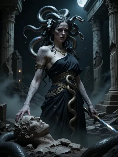 Medusa Gorgon, ancient cursed woman of immense power and unbearable tragedy, pale cracked marble-like skin with subtle veins and faint ancient scars, living writhing snake hair with highly detailed iridescent scales, multiple realistic snake heads hissing in restless sorrow and aggression, hypnotic deep piercing eyes filled with centuries of pain, loneliness and quiet despair, gaze full of ancient sorrow and reluctant lethality looking directly at viewer, deeply melancholic and tragic expression, elegant but tattered ancient Greek dark gown with faded gold serpent motifs, standing among heavily ruined and decaying marble columns of her long-abandoned temple at night. She has just petrified yet another intruder who came to slay her — his broken stone statue lies at her feet, sword still in hand. Heavy oppressive mist and thick shadows surround her, cold pale moonlight barely piercing the darkness, eerie faint glow from the snakes' eyes, atmosphere of eternal curse, profound loneliness, endless suffering and tragic beauty, powerful yet broken and weary goddess, ultra detailed snake scales and cracked marble skin texture, masterpiece, best quality, 8k, photorealistic with dark artistic rendering, intricate details, sharp focus, cinematic chiaroscuro, moody and desolate, standing alone in complete desolation, one hand gently touching the shattered stone face of the petrified hero as if remembering something lost long ago, expression of profound ancient grief and resignation, heavy fog swallowing the ruins, feeling of centuries of solitude and betrayal