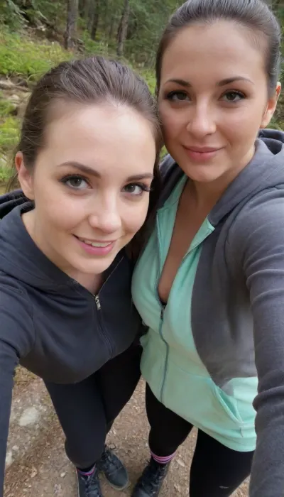 (High resolution), two cute mature polish hikers small warm flirty smile, ultimate realism, realistic detailed skin texture, focus on realistic face, (clear facial features), Sun-kissed skin, detailed realistic eyes., Wears technical fleece zip up hoodie to with side pockets, black hiking leggings, hiking boots and wool socks. Full clothed. Wide hips., (Closeup on perfect face), In boreal forest next to stream. Well lit., perfect fingers. Warm sunlight