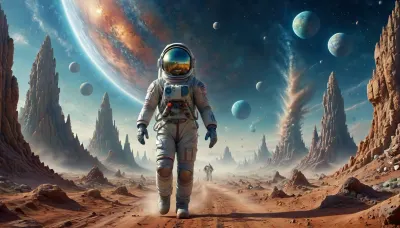 Rock wonders on the celestial sphere in outer space. A lovely woman walking upright. Smiling, wearing toy spacesuits and astronaut helmets. ktt， Jade Universe, green, eyes, blue, brown, perfect eyes, spectacular dust storms in the distance, flying sand and stones in the environment., <lora:Space_sdxl:2>, <lora:Jed-Cosmos-sdxl:2>, <lora:Surreal_Space-000013:2>, <lora:PerfectEyesXL:.5>