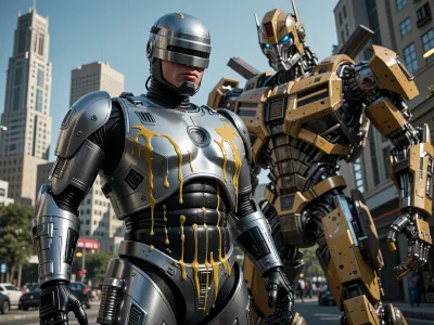 Robocop fuck wall-e and transformers in city, many ellow olil drip