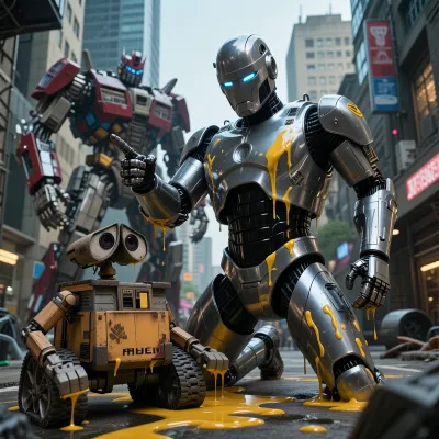 Robocop fuck wall-e and transformers in city, many ellow olil drip