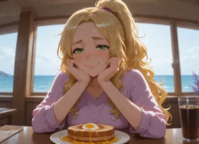 0 19 year old woman sitting at a table next to a glass wall eating, breakfast of toast and fruit, coffee, loose-fitting lavender color shirt with three-quarter sleeves, (wavy yellow hair:.8), yellow wavy hair in a lose ponytail, (shy smile:1.2), (direct eye contact with POV), light green eyes, (strong jawline:.4), strong chin, freckles, interior sunrise lighting, ocean view, hotel background aesthetic, painterly, dramatic lighting, high shot, dynamic angle, dynamic shot, detail, highly detailed, face detail, detailed eyes, beautiful eyes, detailed hands, detailed fingers, skin detail, cloth detail, food detail, detailed hair silky and smooth, <lora:bimboxl_02:.7>, <lora:Incase_Style__SDXL:.1>, <lora:AfrobullPony2-000016:2>