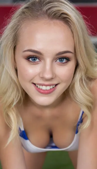 (Ultimate realism), The scene is a crowded Norwegian soccer stadium. A stunning, (Norwegianj soccer fan cheers on her team. She has lustrous, long, wavy blonde hair, a tanned complexion, full, luscious, glossy lips, almond shaped blue eyes and soft arching eyebrows.
She has the red, blue and white of the Norway flag painted on each of her cheeks., (Face paint), She has a big, flirty smile as she winks at the camera. Perfect teeth.
She wears a tight v-neck Norwegian soccer jersey. She wears tight white cotton shorts.
She is holding a norway flag. Perfect fingers
The colours are vivid and rich, with natural sunlight. High resolution details of fabrics, facial features and hair. supermodel, face, big, lips, <lora:Beautify-Supermodel-SDXL:.8>)