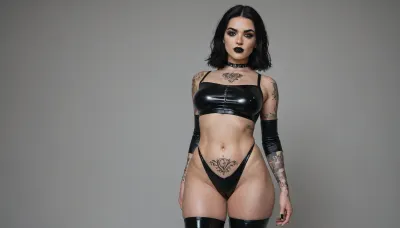 goth girl, latex minimal underwear, beautiful face, curvy body, black lipstick, tattoos, medium boobs
