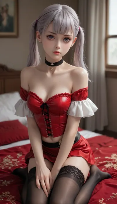 Noelle silva from black clover, long silver hair, ponytails, bold purple eyes. Red leather corset, off the shoulder, mini skirt, black choker, thigh high stockings. B size breasts, thin waist, slender thighs, kneeling knees spread, looking up seductively