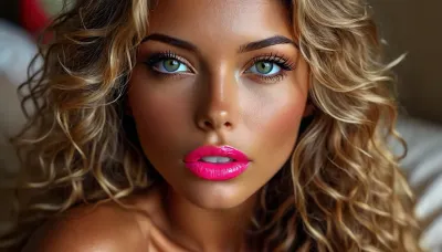 extreme wide angle close up taken with a 10mm lens from 2 feet away, Beautiful, 36 year old brazilian supermodel looking up at camera, 1.76 meters tall, (dark tan:1.3), bronze skin, beautiful, nude playboy, (long blonde wavy hair with brown highlights:1.4), detailed brown eyes, (professional make up job, eyeliner, blush, mascara), long eyelashes, (high cheek bones:1.4), perfect nose, (full pouty lips:1.2), firm 34c cup breasts, tight small ass, long shapely legs, long feminine arms, shaved pussy, smooth skin, perfect eyes, perfect teeth, painted fingernails, perfectly proportioned, highly detailed body and face, (surprised look:1.3), colorful lipstick on full lips, Posing on her back in luxury bed with colorful sheets., leaning back with her back arched, perfect mouth teeth and tongue, she is lustful., ((hair blowing in the wind:1.3)), realistiv eyes, High detail, excellent image quality, ((colorful neon background)), perfect toned body, perfect small toned ass, perfecteyes, insert, <lora:BUT_SDXL_SHS:.8>, <lora:MJ52:.8>, <lora:attractive_notrigger:1.1>, <lora:lora-sdxl-perfect-eyes:.4>, <lora:DYSG_Golden_Glitter_Lips:.8>