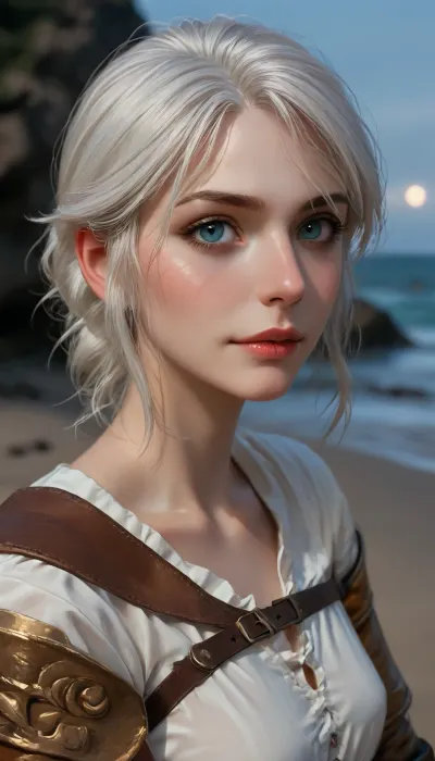 Digital art style, masterpiece, best quality, high resolution, hires, score_9, score_8_up, score_7_up, score_6_up, (30 year old Ciri:1.4), straght scar across left side of face, white hair, incase, style, ratatatat74, view from side, fit, looking at the viewer, facing the viewer, on the beach, leather armor, fantasy, night, moonlight, detailed, dark, beach, extremly happy expression, big smile, <lora:ratatatat74-000050:1.3>, <lora:Witcher3TurnXL_v1:1.3>