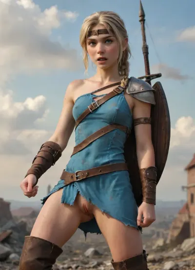 ((apocalyptic medieval city under siege, suffocating smoke, ash-filled air, dense darkness, oppressive storm clouds)), (Astrid from the how to tame your dragon homecoming movie:1.4), 20yo, petite body, torn clothes, ripped sleeveless navy-blue tunic, leather belt with large metal buckle, layered leather skirt panels, knee-high brown leather boots, leather bracers, fur-trimmed leather shoulder armor, brown leather belt with large metal buckle, rugged handcrafted Nordic clothing, small breasts, erect nipples, ((ring nipple piercings:1)), pussy gape, wide pelvis, (dirty skin), (scratches), (bruises), she is excited, horny look, (extreme wide eyes), screaming out loud, angry face, (cheek blush:1), drooling, she holds a sword and a wooden shield, anal cum overflow, (ultra, HD, quality, details), <lora:Animated_Concept:1.2>