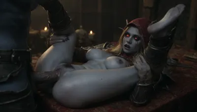 Cinematic still, UHD 8K, ((sylvanas windrunner from warcraft banshee, undead, worn broken black armor on the body and legs, smudged mascaraed, blue skin girle, dark pubic hair)), (male penetrating vagina, missionary vaginal sex with cum), sperms flow on ass and pussy, legs thrown over head, <lora:dark:.1>