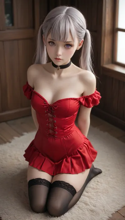 Noelle silva from black clover, long silver hair, ponytails, bold purple eyes. Red leather corset, off the shoulder, mini skirt, black choker, thigh high stockings. B size breasts, thin waist, slender thighs, kneeling knees spread, looking up seductively, view from above, back arched, hands tied behind back