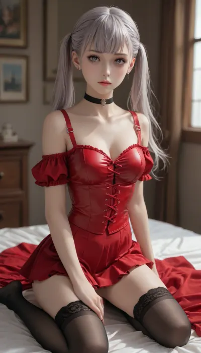 Noelle silva from black clover, long silver hair, ponytails, bold purple eyes. Red leather corset, off the shoulder straps, mini skirt, black choker, thigh high stockings. B size breasts, thin waist, slender thighs, kneeling knees spread, looking up seductively