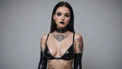 goth girl, latex minimal underwear, beautiful face, curvy body, black lipstick, tattoos, medium boobs