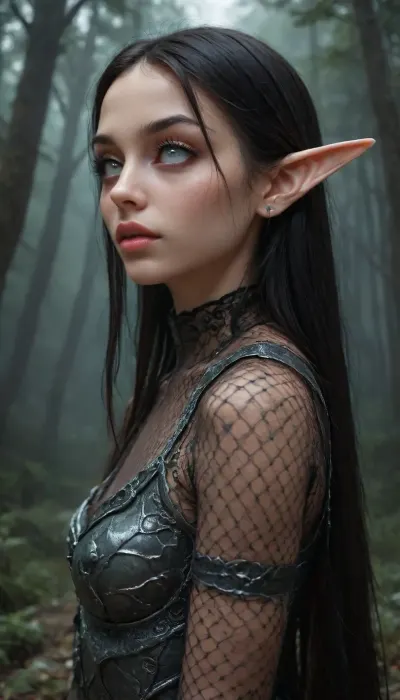 (1 extremely evil elf girl standing in a dark eerie forest:1.4), (close up angle:1.4), (side view), big thin cute lips, (extremely small beautiful face:1.3), black hair, (extremely long hair), extremely straight hair, (beautiful black fishnet armor:1.4), fully clothed, white skin, very long thick eyelashes, (light white eyes), (extemely beautiful petite body:1.4), collarbones, multiple big necklace, earrings, (cute tiny breasts), small waist, bubble butt, (extremely thin petite thighs), long legs, (extremely perfect big beautiful eyes:1.8), (perfect face), 8k, (dark evil forest), white, sclera, eyes, R3g4l, 3lv3n, woman, courtyard, armor, cloak, sword, castle, Dark, dreams, Eerie, reality, Horror, Darkness, <lora:white sclera v2:1.3>, <lora:rknArouseXL:.4>, <lora:Regal_Elven:1>, <lora:DDXL:1>