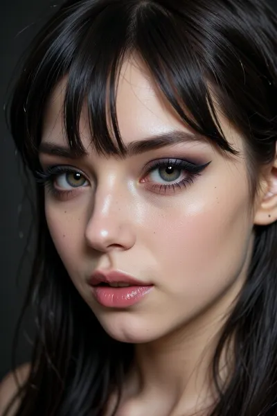 (score_7_up, score_8_up, score_9, 1girl, solo, masterpiece, rating_safe), (fashion magazine portrait of an astonishing 24 year old goth girl:1.2), (makeup model, goth model, fashion model:1.4), (focus on eyes:1.4), (sultry, seductive, seducing, alluring, intimate, sexual, horny, insatiable, lustful, demanding, irresistible, innocent, adorable, cute:1.6), (stylish long hair with defined fringe and bangs:1.4), (beautiful face, adorable face, innocent face, triangular face, delicate features, pixie like:1.4), smokey eyes, limbal rings, winged eyeliner, long eyelashes, (natural skin textures, realistic skin textures, detailed skin textures, vellus hairs), ziprealism