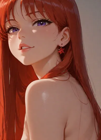 1girl, solo, hino rei, sailor mars, petite, long hair, ginger hair, very long hair, purple eyes, naked shoulders, side view, head focus, detailed face, looking at viewer, naughty face, parted lips, teeth, simple background, masterwork, masterpiece, best quality, high detailed, very aesthetic, 8k