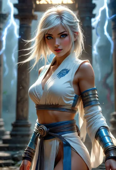 close up, bionpunk style gamer girl, 20 year old woman, sexy hair, various pose, sexy makeup, ((detailed symmetric beautiful eyes)), detailed gorgeous face, exquisite detail, medium height, 34c breasts, sexy clothes, navel piercing, clit piercing, cameltoe, shaved, ((erect detailed nipples)), 111cine8matic55, masterpiece, 32k, (Masterpiece), high quality, Volumetric Lighting, backlight, sexy, slender, fair skin, glowing blue aura, ((photorealistic, cinematic image of a young woman wearing Raiden’s outfit from Mortal Kombat&nbsp;X. Keep all signature costume elements, a conical jingasa hat, a layered ensemble of a white kimono, sleeveless uwagi, and a hanfu with a high collar and structured shoulders, tekko and asimaki wraps on her arms and legs, a dojime belt with thick ties styled like kabuto helmet laces, tabi socks and waraji sandals. Adapt the fit to a feminine silhouette, the layers should hug the form without losing the traditional cut, the hanfu’s shoulders remain pronounced but proportionate, and the wraps look functional yet streamlined. Color palette, pure white, cool blues, and delicate silver accents, add subtle highlights to show fabric texture, (crisp cotton, stiffened panels), and the matte finish of leather wraps. Around her fingers, render faint arcs of blue electricity. Pose her in a dynamic, poised stance—one hand slightly raised as if channeling energy, body angled to show both front and profile. Background, dark, atmospheric temple ruins with distant lightning, moody, dramatic lighting with rim light to emphasize her silhouette and the costume’s details. Style, high‑end concept art or movie still, 8K, ultra‑detailed textures, sharp focus on the costume and face.)), Dark, Fantasy, <lora:attractive_notrigger:1.4>, <lora:BUT_SDXL_SHS:.7>, <lora:Vivid Midjourney mimic - XL SDXL v2.0:1.4>, <lora:Dark Fantasy:1.7>