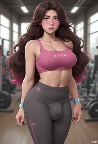 (Dross style:1.5), style, masterpiece, ((1 futa)), very long black curly hair, (very very very beatiful), big lips, thick lips, blue sexy eyes, makeup, black nails, rich jewelry, (doll sexy body), (huge perfect breasts), ((fat ass, big ass)), ((big bulge cock)), thick thighs, fat thighs, (tiny waist), leggings and a pink Sport top, ((gym)), .