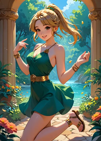 beautiful sexy 20 year old woman, golden hairs, slim body, medium breast, big beautifull Brown eyes, ponytail, <lora:ThePitXL:.5>, <lora:J_cartoon:.5>, <lora:Animated_Concept:.5>, <lora:outline_xl_kohaku_delta_spv5x:2>, sunny summer garden, green mini dress, golden bracelets, thin golden belt, thin golden gladiator sandals, smiling, dancing, one hand up