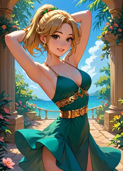 beautiful sexy 20 year old woman, golden hairs, slim body, medium breast, big beautifull Brown eyes, ponytail, <lora:ThePitXL:.5>, <lora:J_cartoon:.5>, <lora:Animated_Concept:.5>, <lora:outline_xl_kohaku_delta_spv5x:2>, sunny summer garden, green mini dress, golden bracelets, thin golden belt, thin golden gladiator sandals, smiling, dancing, hand behind head
