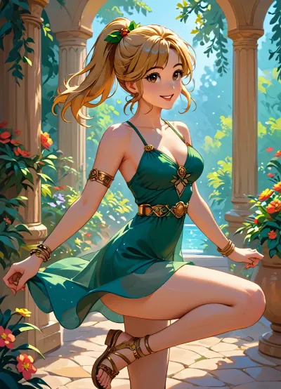 beautiful sexy 20 year old woman, golden hairs, slim body, medium breast, big beautifull Brown eyes, ponytail, <lora:ThePitXL:.5>, <lora:J_cartoon:.5>, <lora:Animated_Concept:.5>, <lora:outline_xl_kohaku_delta_spv5x:2>, sunny summer garden, green mini dress, thin golden belt, thin golden gladiator sandals, smiling, dancing