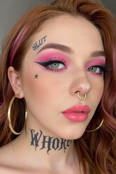 Tattoo reading SLUT above her left eyebrow in gothic font. Tattoo reading WHORE at the front of her neck. Tattoo of a little star just below her right eye. bright pink eyeshadow, thick eyeliner, mascara, bright pink lipstick, plump lips, large bright green eyes, freckles, ginger hair with pink streaks, huge gold hoop earrings, gold nose piercing