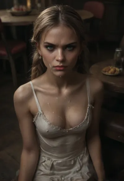 ((Incredibly hot, very skinny, 18-year-old blonde sits in a restaurant and complains to the waiter about the food)), ((accompanied by her twin sister)), ((Russian interracial supermodel)), (exposed firm tits), blonde pigtails, ((((her face is covered in sticky white cum, cum dripping from her hair, cum on the pillow, thick white cum in her eye, cum running down her face, so much cum, cum on her face)))), ((angry look in her eyes)), ((pearl jewelry)), ((evening dress)), ((cleavage)), ((close-up view from above)), bandit, <lora:RPGBanditXL:.8>, <lora:dark:.8>