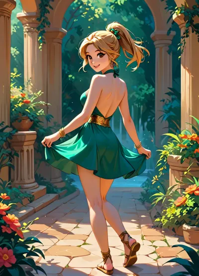 beautiful sexy 20 year old woman, golden hairs, slim body, medium breast, big beautifull Brown eyes, ponytail, <lora:ThePitXL:.5>, <lora:J_cartoon:.5>, <lora:Animated_Concept:.5>, <lora:outline_xl_kohaku_delta_spv5x:2>, sunny summer garden, green mini dress, golden bracelets, thin golden belt, thin golden gladiator sandals, smiling, dancing, (back view)