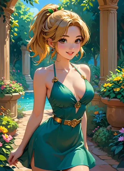 beautiful sexy 20 year old woman, golden hairs, slim body, medium breast, big beautifull Brown eyes, ponytail, <lora:ThePitXL:.5>, <lora:J_cartoon:.5>, <lora:Animated_Concept:.5>, <lora:outline_xl_kohaku_delta_spv5x:2>, sunny summer garden, green mini dress, thin golden belt, thin golden gladiator sandals, smiling