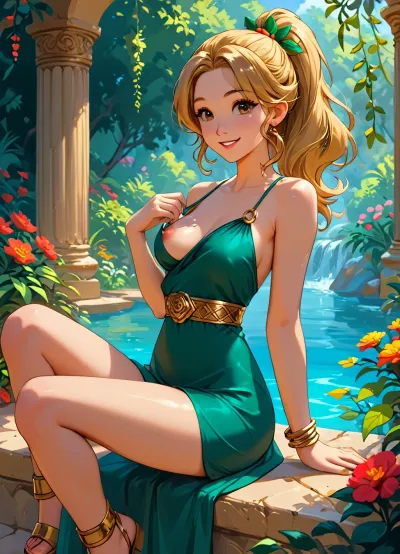 beautiful sexy 20 year old woman, golden hairs, slim body, medium breast, big beautifull Brown eyes, ponytail, <lora:ThePitXL:.5>, <lora:J_cartoon:.5>, <lora:Animated_Concept:.5>, <lora:outline_xl_kohaku_delta_spv5x:2>, sunny summer garden, green mini dress, golden bracelets, thin golden belt, thin golden gladiator sandals, smiling, sitting on a parapet, (one breast out:1)