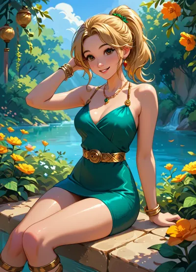 beautiful sexy 20 year old woman, golden hairs, slim body, medium breast, big beautifull Brown eyes, ponytail, <lora:ThePitXL:.5>, <lora:J_cartoon:.5>, <lora:Animated_Concept:.5>, <lora:outline_xl_kohaku_delta_spv5x:2>, sunny summer garden, green mini dress, golden bracelets, thin golden belt, thin golden gladiator sandals, smiling, sitting on a parapet, legs crossed