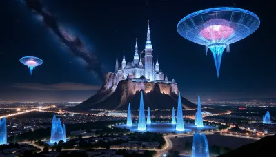 An epic and stunning movie shot depicts a future crystal city surrounded by a grand palace of desire, located at the center of a massive spaceship. Late at night, the city and spaceship are illuminated by dazzling lights, with deep space nebulae and stars clearly visible in the background. Several super large liquid satellites are suspended in the sky, creating a vast metropolis with glowing bioluminescent structures and suspended bridges. A panoramic view of a complex city layer composed of interconnected towers, with distant and vibrant galaxies and nebulae visible through the spaceship's transparent dome, surreal, 8k resolution, sacred atmosphere, epic scale, tranquility of the universe, and surreal masterpieces, lx, starry, sky, outdoors, Panoramic, landscape, futuristic, ship, night, <lora:lx-真实摄影-星空XL1.0:2>, <lora:Space Ship Concept Art (VW Style)_epoch_10:2>
