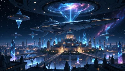 An epic and stunning movie shot depicts a future crystal city surrounded by a grand palace of desire, located at the center of a massive spaceship. Late at night, the city and spaceship are illuminated by dazzling lights, with deep space nebulae and stars clearly visible in the background. Several super large liquid satellites are suspended in the sky, creating a vast metropolis with glowing bioluminescent structures and suspended bridges. A panoramic view of a complex city layer composed of interconnected towers, with distant and vibrant galaxies and nebulae visible through the spaceship's transparent dome, surreal, 8k resolution, sacred atmosphere, epic scale, tranquility of the universe, and surreal masterpieces, lx, starry, sky, outdoors, Panoramic, landscape, futuristic, ship, night, <lora:lx-真实摄影-星空XL1.0:2>, <lora:Space Ship Concept Art (VW Style)_epoch_10:2>