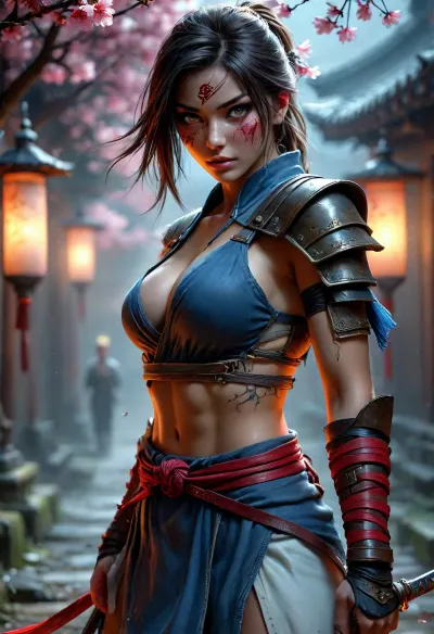 close up, bionpunk style gamer girl, 20 year old woman, sexy hair, various pose, sexy makeup, ((detailed symmetric beautiful eyes)), detailed gorgeous face, exquisite detail, medium height, 34c breasts, sexy clothes, navel piercing, clit piercing, cameltoe, shaved, ((erect detailed nipples)), 111cine8matic55, masterpiece, 32k, (Masterpiece), high quality, Volumetric Lighting, backlight, sexy, slender, fair skin, glowing blue aura, ((Create a hyper-realistic, cinematic illustration of a female blind warrior in a Kenshi Takahashi-inspired outfit from Mortal Kombat X. She stands in a poised, alert stance, head slightly tilted as if listening to the battlefield, her eyes are covered by a dark cloth blindfold with subtle stitching and frayed edges. She wears a streamlined, practical combat gi in muted grey and black with weathered details, accented by deep red fabric panels on the shoulders and sleeves. Over the gi, she has a segmented leather chest harness with metal rivets and minimal straps, designed for mobility. Her hands are wrapped in dark cloth bandages, and she grips her signature Senboru sword with both hands, the blade angled diagonally across her body. The sword’s hilt is wrapped in red leather, and the steel gleams with a faint blue spiritual aura. Around her, wisps of ethereal white energy swirl, hinting at her telekinetic powers. The background is a misty, ancient dojo courtyard at dawn, wooden pillars, hanging lanterns, and cherry blossom petals drifting in the air. Lighting is dramatic—soft golden morning light with sharp shadows, highlighting the textures of the fabric, leather, and metal. 8K, ultra-detailed textures, photorealistic style.)), Dark, Fantasy, <lora:attractive_notrigger:1.4>, <lora:BUT_SDXL_SHS:.7>, <lora:Vivid Midjourney mimic - XL SDXL v2.0:1.4>, <lora:Dark Fantasy:1.7>