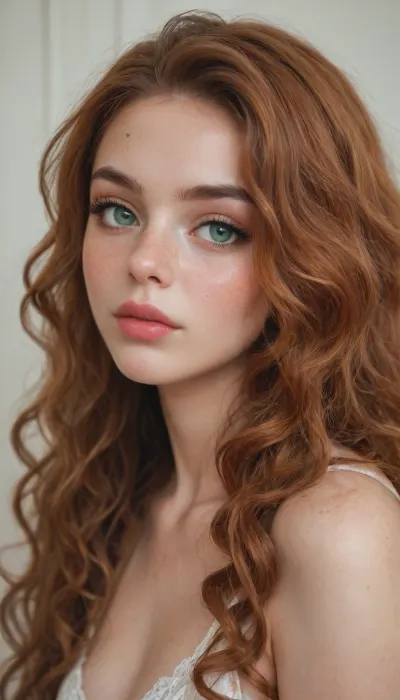 heart-shaped face, green eyes, sparkling eyes, long eyelashes, freckles, pale skin, blush, long hair, orange hair, wavy hair, big hair, hair over shoulder, shiny hair, makeup, eyeshadow, eyeliner, lipgloss, glossy lips