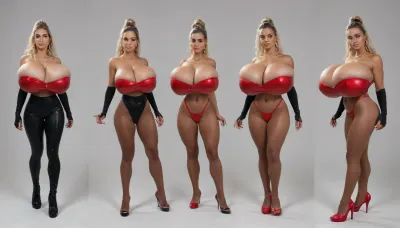 A highly detailed 3D-style image of a character depicts a strikingly beautiful 24-year-old superheroine with a toned, curvaceous, and athletic physique, clearly inspired by a modern and sensual version of Supergirl or a Kryptonian superheroine.Hair, Long, rich golden blonde with multiple undertones, (honey blonde and light gold), . She wears her hair loose and wavy, with strands that sweep dramatically to one side. The hair shines with luminous highlights.Face, Beautiful and symmetrical.Large, blue-green eyes with a direct and confident gaze. Defined eyebrows, a delicate nose, high cheekbones, and full lips with a natural gloss.Body, Tanned and flawless skin. A defined yet feminine abdomen, a narrow waist, a generous bust, and pronounced hips. An upright and elegant posture, with her arms slightly away from her body., (((gigantic firm and turgid breasts, JJ cup:1.7))), (firm breasts:1.4), extremely heavy breasts. Outfit, (Suit), An extremely revealing bikini-style crop top in a vibrant red with metallic gold details, following the classic Superman aesthetic, but in a much bolder and more modern version. Top, (Crop Top), Red strapless top that covers only the bust, (bandeau or short bustier style), ., The top and bottom edges are finished with wide, shiny gold bands., A large gold shield with the letter "W", (symbol of the House of El), stands out in the center of the chest, with a raised design and a high-quality metallic finish., It leaves the shoulders, collarbones, arms, and most of the abdomen exposed. ### Bottom, Red bikini bottoms with a very high cut at the hips., Decorative details on the sides, Thick gold chains hanging as ornaments, (with gold tassels or fringe), fastened with small gold studs., The cut is very high on the legs, accentuating the curve of the hips and revealing a large portion of the buttocks and thighs. #### Accessories and complements, Gloves, reaching above the elbow, red with a shiny texture, (similar to latex or fine leather), . They have a circular gold detail at the wrist.Nails, A perfect manicure in pearly white or French style, very visible on the hands. Earrings, Small gold hoops with dangling details. Background and atmosphere The scene takes place in outer space, with a background of bright stars and the curvature of the Earth visible at the bottom, reinforcing the image of a powerful cosmic superheroine. hypersexualized design. It's a costume designed to exaggerate the female figure, with a strong emphasis on sensuality and visual empowerment. The contrast between the intense red, metallic gold, and tanned skin is striking. This character represents a glamorous Kryptonian heroine. Boots, Knee-high, red, with a glossy latex texture. They have high heels. The full-body shot, (from head to toe), shows her from three different angles, front view, front view slightly turned to the right, and rear view. All of this is set against a plain white background.