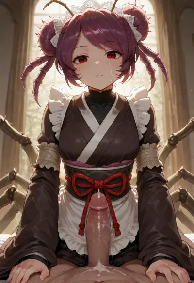 Entoma Vasilissa Zeta from Overlord, 149cm short female figure, traditional Japanese-style maid outfit with kimono-inspired collar and sleeves, clothing wraps tightly around body, never exposes bare skin except face, bright red eyes that never move or blink, expressionless doll-like stare, mauve purple hair styled into twin chignon buns, hair is actually formed from rolled centipede-like insect appendages, face is a mask-shaped flat beetle insect disguising as human face, no facial expression because face is an insect mask, underneath the maid outfit is an arachnoid spider-human hybrid body, eight claw-tipped limbs total with four large spider legs emerging from back reaching up to 1.5 meters in length, entire body composed of swarming masses of various insects, insects crawling and forming humanoid silhouette, eerie unsettling presence, monstrous inhuman creature disguised as a girl, horror aesthetic, detailed insect textures, chitinous exoskeleton visible beneath clothing folds。 （hand on dick, 1.5）, titfuck, fx-monsters-xl-meatsack, creature, monster, cum pool, Insecthybrid, <lora:MS_Real_XL_Bukkake:.2>, <lora:titfuck_SDXL:.5>, <lora:fx-monsters-xl-meatsack:.8>, <lora:Test:.8>, <lora:InsectHybridSDXL:2>