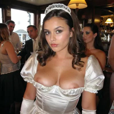 21 year old cute alluring sexy brunette with long hair, pouty lips, smokey makeup, perky dd fake, shiny ivory satin vintage cupped wedding dress with puff sleeves and skirt, gloves, in a pub, party crowd