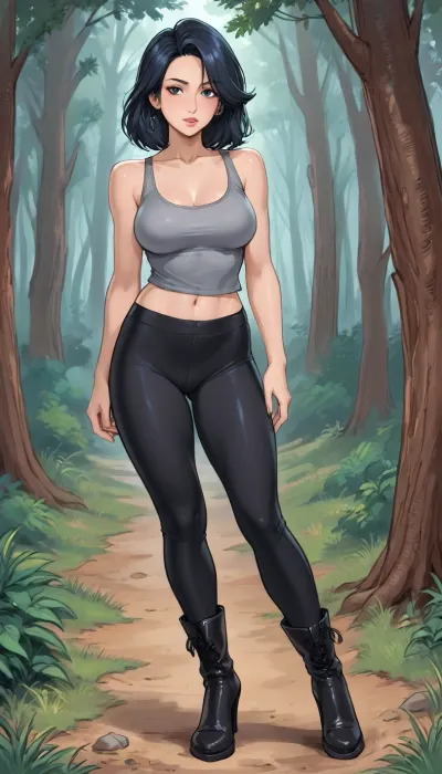 reiq style, (Thick outline:1.4), ((Cartoon Style:1.5)), (Eve from stellar blade game), (dark skin), ((mi-long dark hair with pink tips)), sweat, large breasts, eyes looking at viewer, blushing, sexy body, slim thighs, ((25 years old)), A woman walking in the forest with a big gray wolf, wearing a black leggings pant and a gray tank top, high-heeled black boots, she walk in the forest side by side with a very big gray wolf, full-body, wystyle, ratatatat74, lineart, line, art, flat, colors, color, <lora:cartoon_stickers_xl_v1:.5>, <lora:outline_xl_kohaku_delta_spv5x:2>, <lora:Ppolar-P3v1-NbVp10:1.5>, <lora:ratatatat74-000050:1.9>, <lora:lineartSDXL:1.7>