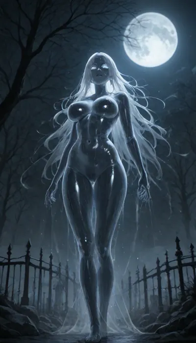 A translucent ghost figure floating above mist-covered gravestones in a dense foggy cemetery at night, entire body made of glossy transparent material like a glass balloon, emitting an eerie cold blue bioluminescent glow from within, full moon clearly visible through the ghost's chest and torso, the ghost has a small childlike stature with rounded feminine features, a pair of large round transparent balloon-like breasts floating weightlessly on its chest, smooth seamless surface with subtle iridescent highlights like blown glass, the ghost's face is vaguely defined with hollow glowing eye sockets and a faint open mouth, arms dangling loosely at its sides, legs trailing downward like drifting silk, body slightly tilted as if drifting slowly through the fog, moonlight filtering through the translucent form creates prismatic blue refraction patterns on surrounding tombstones, heavy ground fog swirling around the base of headstones, crumbling stone crosses and wrought iron fence in background, dead twisted trees with bare branches, volumetric lighting through mist, rim light from moon behind, cinematic wide shot from low angle looking up at the floating ghost, photorealistic, hyper-detailed glass texture, matte balloon surface quality, translucent material with internal light scattering, 8K, ultra-detailed