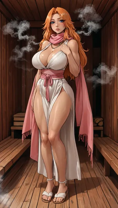 (innv meets jack cayless style), (reiq style, masterpiece, cel-shaded, limited color palette), ((Beautiful Muscles Sexy Rangiku matsumoto from bleach anime body:1.5)), (1girl, solo, alone, 21 year old woman), (gorgeous, long orange hair, seductive face, ads, large huge breast, muscles, perfect legs, big ass, sweaty body), ((Rangiku bleach shinigami clothes with open wide)), ((long pink scarf dress over shoulders)), (necklace, sash), (sandals), (standing playful posing), (sauna, steam, wood, smoke), ultraviolet light, LoL, Style, lineart, line, art, flat, colors, color, bleach, solo, japanese, clothes, black, kimono, <lora:LCMTurboMix_Euler_A_fix:2>, <lora:lineartSDXL:2>, <lora:EnvyBeautyXL01:2>, <lora:mk_Bp Anime_xl:2>, <lora:checkpoint-e100_s1300:2>